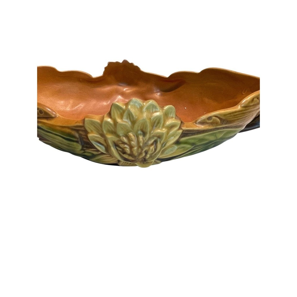 Vintage Roseville Pottery Water Lily‎ Oval Console Bowl Handled Brown 441-10" - Picture 2 of 9